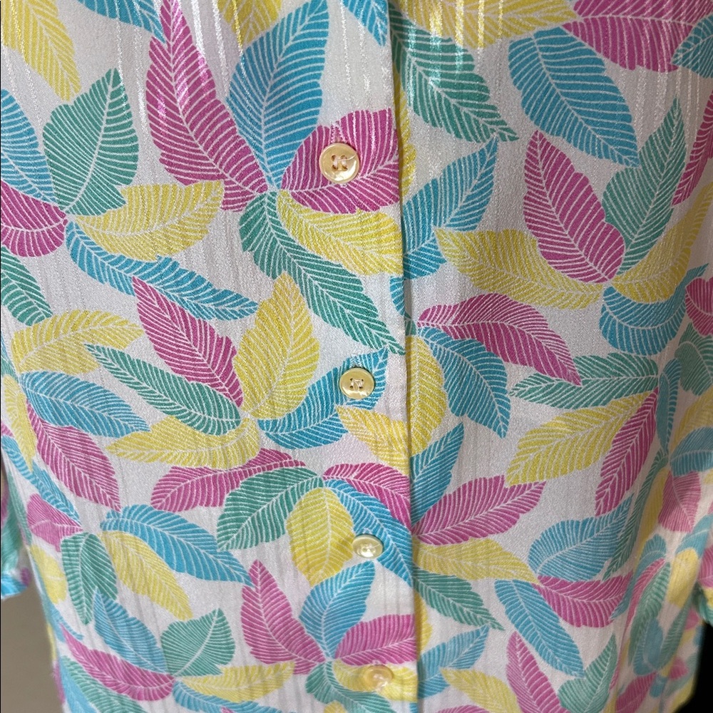 Frayne Vtg white, tropical leaf granny button-down shirt, USA made XL - Picture 2 of 13